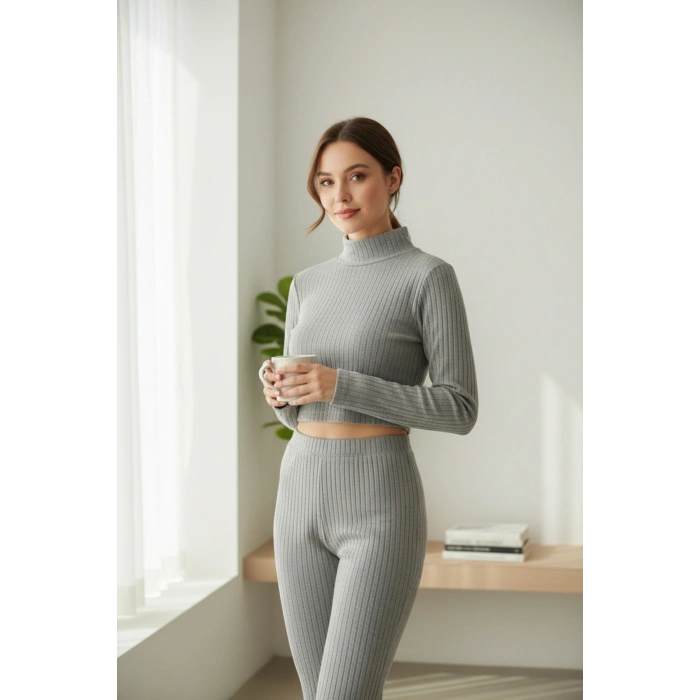 MARSiLYAN- Kadın Fitilli Eşofman Takımı – Gri Boğazlı Crop Üst & İspanyol Paça Pantolon, Esnek Rahat Kalıp