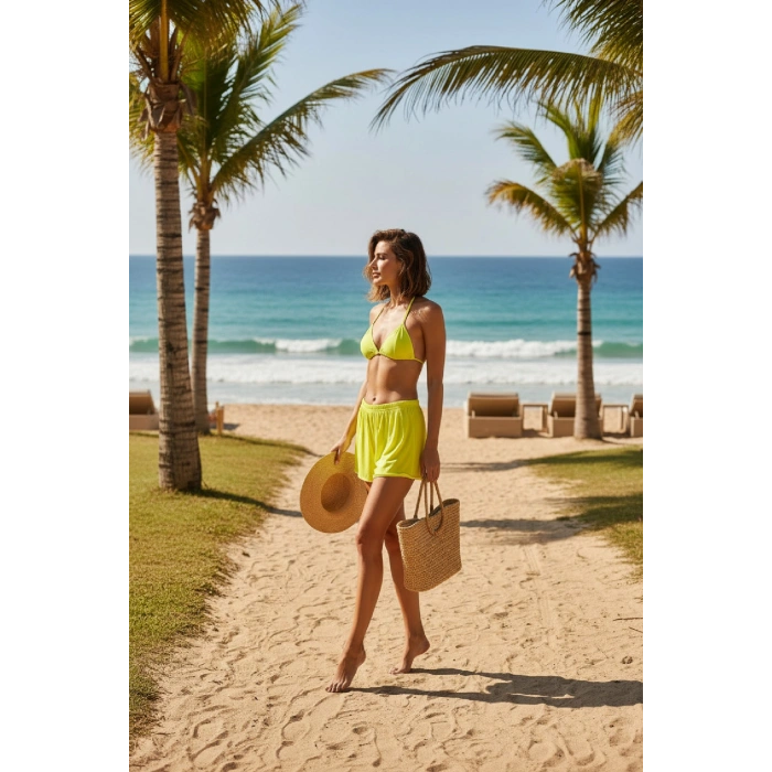 MARSiLYAN- Kadın Fosforlu Şortlu Belden ve Boyundan Bağlamalı Bikini Takımı