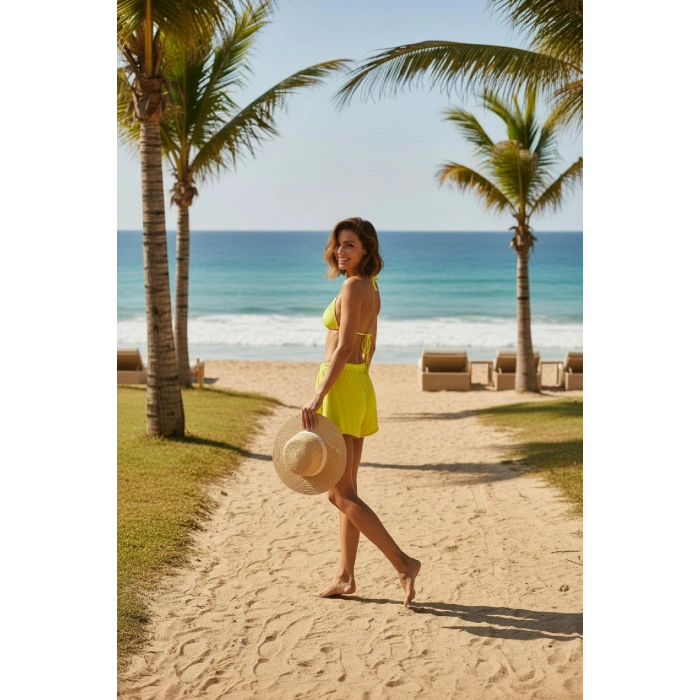 MARSiLYAN- Kadın Fosforlu Şortlu Belden ve Boyundan Bağlamalı Bikini Takımı