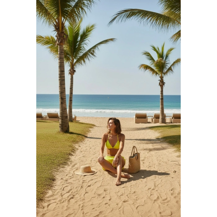 MARSiLYAN- Kadın Fosforlu Şortlu Belden ve Boyundan Bağlamalı Bikini Takımı