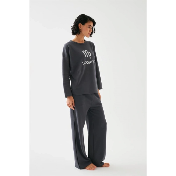 MARSiLYAN- Kadın Füme Akrep Burcu Oversize 2 İplik Eşofman Ev Giyim Takımı