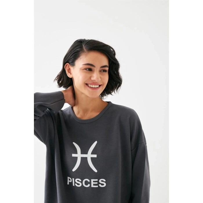 MARSiLYAN- Kadın Füme Balık Burcu Oversize 2 İplik Eşofman Ev Giyim Takımı