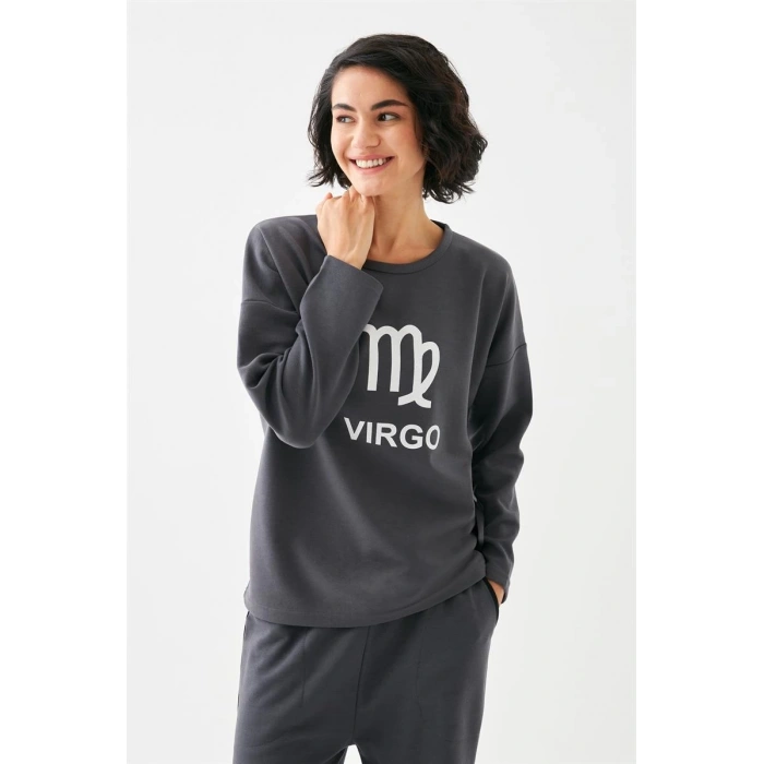 MARSiLYAN- Kadın Füme Başak Burcu Oversize 2 İplik Eşofman Ev Giyim Takımı