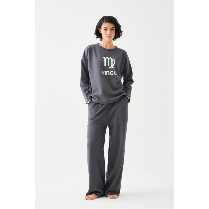 MARSiLYAN- Kadın Füme Başak Burcu Oversize 2 İplik Eşofman Ev Giyim Takımı