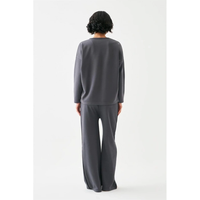 MARSiLYAN- Kadın Füme Başak Burcu Oversize 2 İplik Eşofman Ev Giyim Takımı