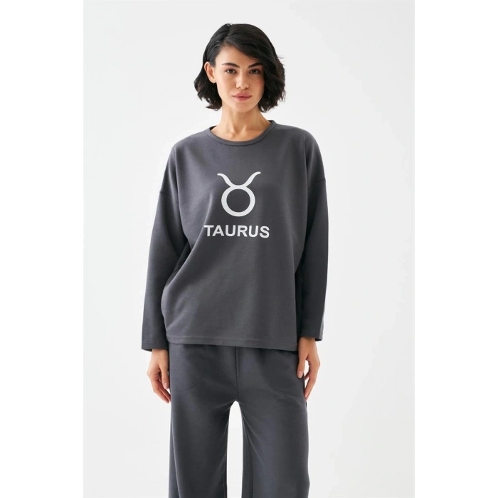 MARSiLYAN- Kadın Füme Boğa Burcu Oversize 2 İplik Eşofman Ev Giyim Takımı