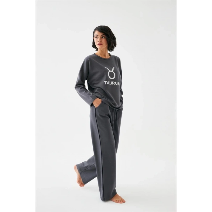 MARSiLYAN- Kadın Füme Boğa Burcu Oversize 2 İplik Eşofman Ev Giyim Takımı