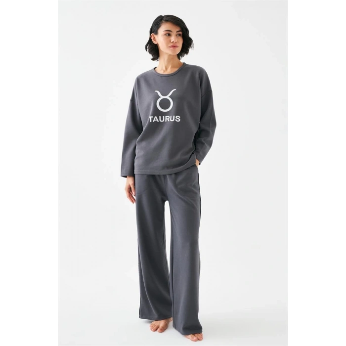 MARSiLYAN- Kadın Füme Boğa Burcu Oversize 2 İplik Eşofman Ev Giyim Takımı