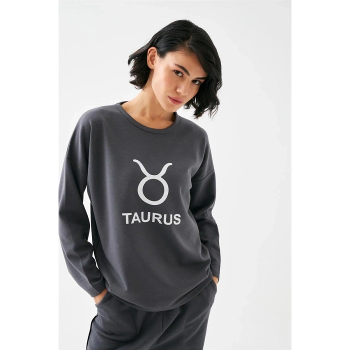 MARSiLYAN- Kadın Füme Boğa Burcu Oversize 2 İplik Eşofman Ev Giyim Takımı