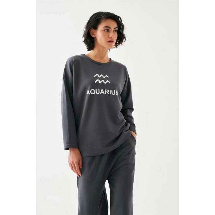 MARSiLYAN- Kadın Füme Kova Burcu Oversize 2 İplik Eşofman Ev Giyim Takımı