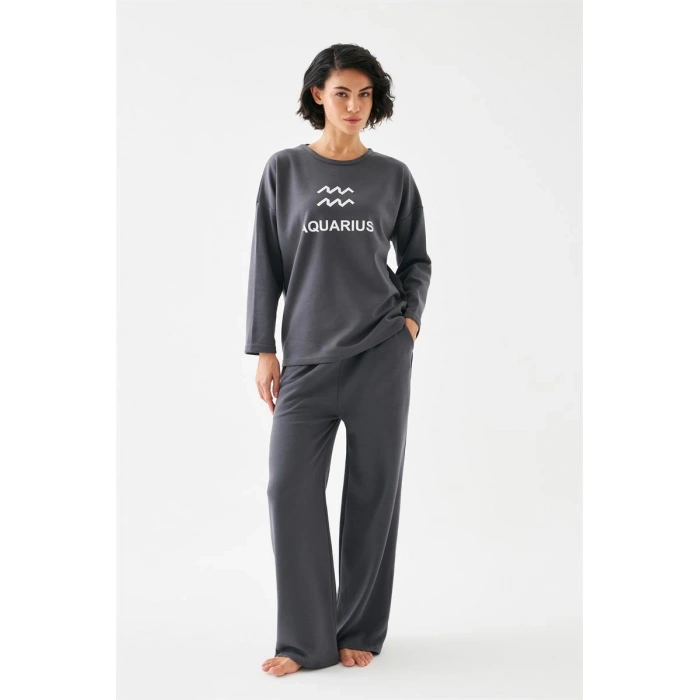 MARSiLYAN- Kadın Füme Kova Burcu Oversize 2 İplik Eşofman Ev Giyim Takımı