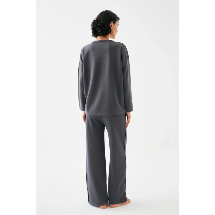 MARSiLYAN- Kadın Füme Terazi Burcu Oversize 2 İplik Eşofman Ev Giyim Takımı