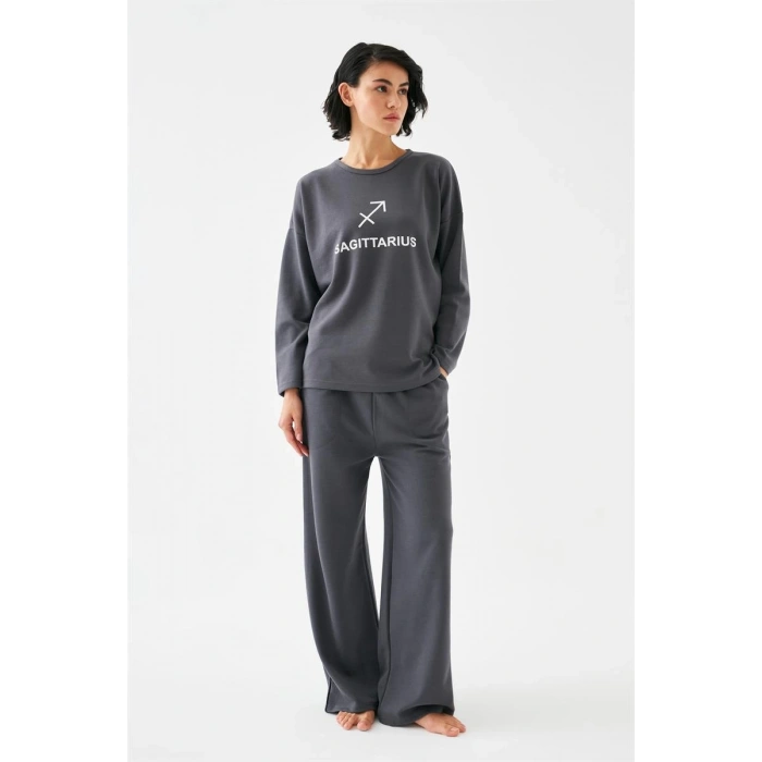 MARSiLYAN- Kadın Füme Yay Burcu Oversize 2 İplik Eşofman Ev Giyim Takımı