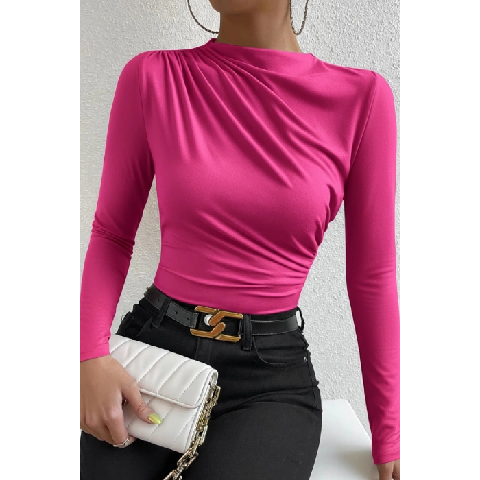 MARSiLYAN- Kadın Fuşya Belden ve Boyundan Büzgü Detaylı Uzun Kollu Bluz