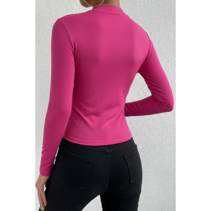 MARSiLYAN- Kadın Fuşya Belden ve Boyundan Büzgü Detaylı Uzun Kollu Bluz