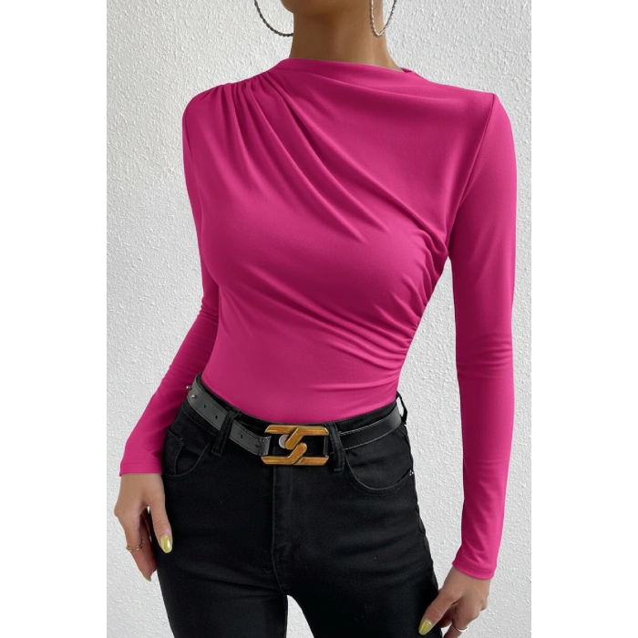 MARSiLYAN- Kadın Fuşya Belden ve Boyundan Büzgü Detaylı Uzun Kollu Bluz