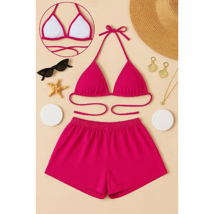 MARSiLYAN- Kadın Fuşya Şortlu Belden ve Boyundan Bağlamalı Bikini Takımı