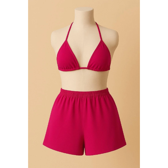 MARSiLYAN- Kadın Fuşya Şortlu Belden ve Boyundan Bağlamalı Bikini Takımı