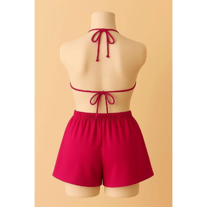 MARSiLYAN- Kadın Fuşya Şortlu Belden ve Boyundan Bağlamalı Bikini Takımı