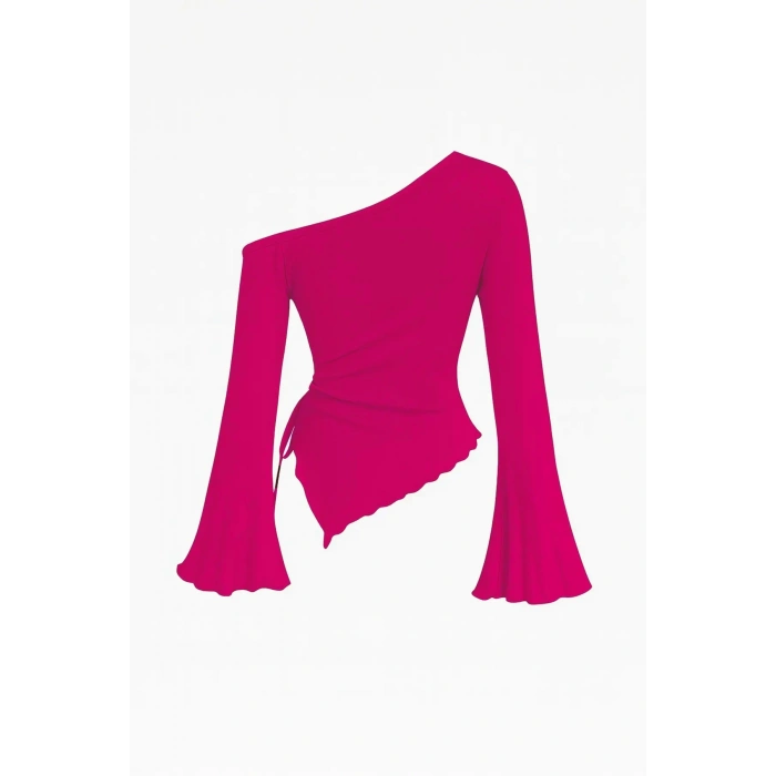 MARSiLYAN- Kadın Fuşya Uzun İspanyol Kollu Asimetirik Yaka Yandan Bağlamalı Drapeli Bluz