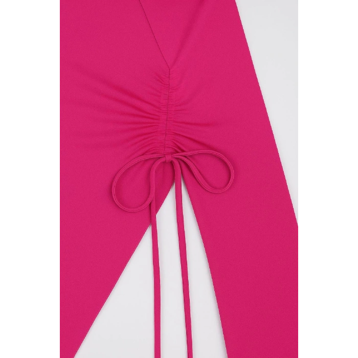 MARSiLYAN- Kadın Fuşya Uzun İspanyol Kollu Asimetirik Yaka Yandan Bağlamalı Drapeli Bluz