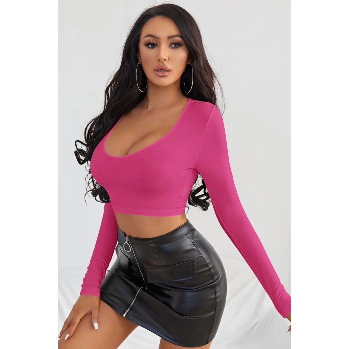 MARSiLYAN- Kadın Fuşya Uzun Kol Kare Yaka Crop Top Bluz