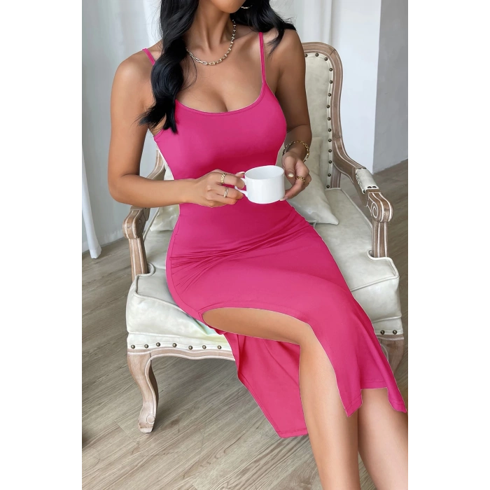 MARSiLYAN- Kadın Fuşya Yırtmaçlı Diz Altı Vücüdu Saran Gecelik