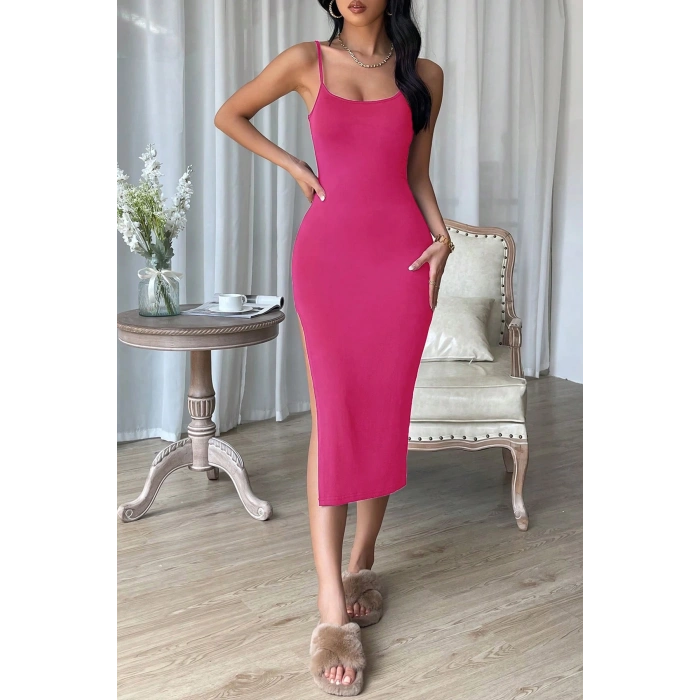 MARSiLYAN- Kadın Fuşya Yırtmaçlı Diz Altı Vücüdu Saran Gecelik