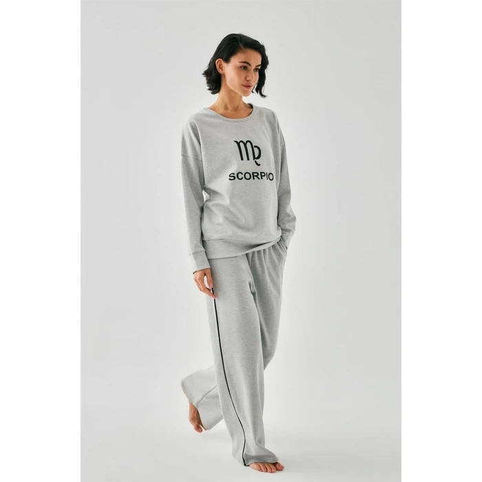 MARSiLYAN- Kadın Gri Akrep Burcu Oversize 2 İplik Eşofman Ev Giyim Takımı