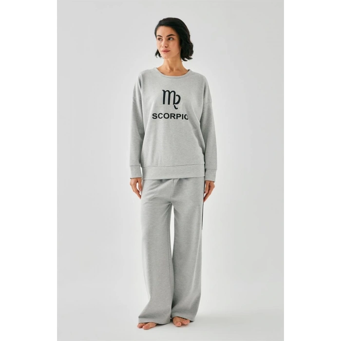 MARSiLYAN- Kadın Gri Akrep Burcu Oversize 2 İplik Eşofman Ev Giyim Takımı
