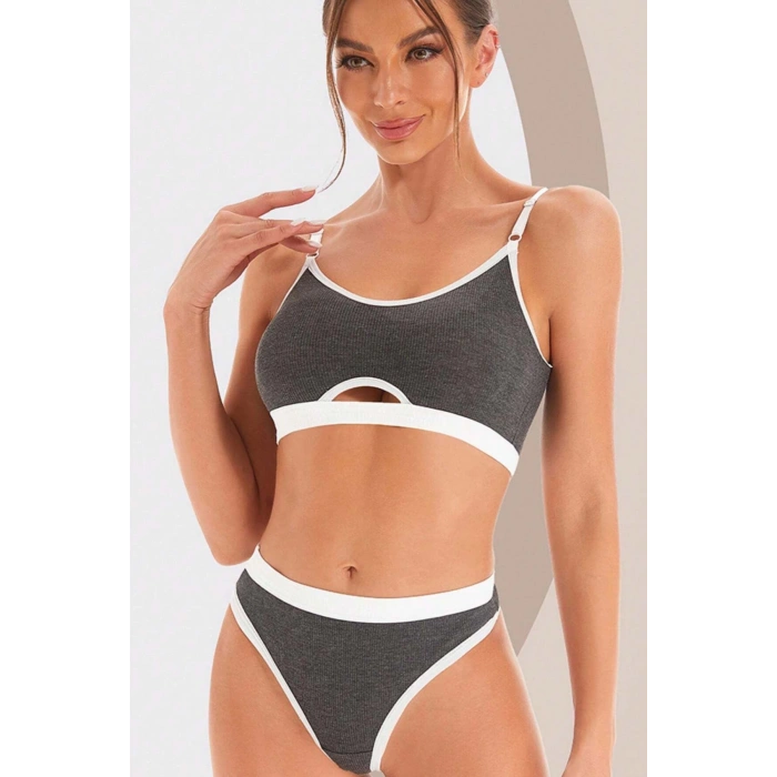 MARSiLYAN- Kadın Gri Antrasit Kaşkorse ve Beyaz Lastikli Cut-Out Tanga Külotlu Takım