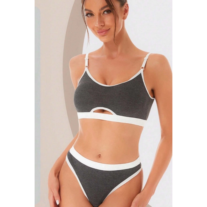 MARSiLYAN- Kadın Gri Antrasit Kaşkorse ve Beyaz Lastikli Cut-Out Tanga Külotlu Takım