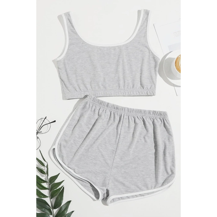MARSiLYAN- Kadın Gri Askılı Crop Top ve Şortlu Gecelik Takım