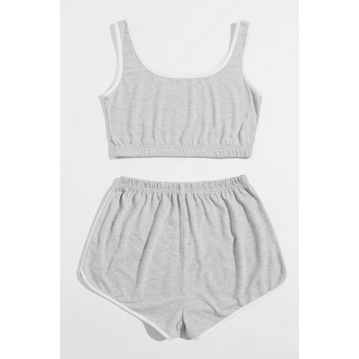 MARSiLYAN- Kadın Gri Askılı Crop Top ve Şortlu Gecelik Takım