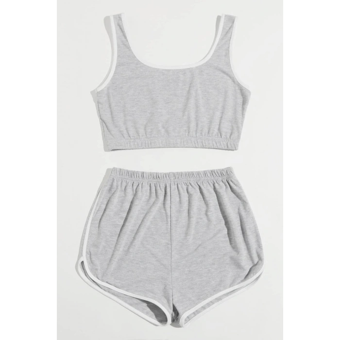MARSiLYAN- Kadın Gri Askılı Crop Top ve Şortlu Gecelik Takım