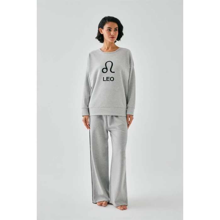 MARSiLYAN- Kadın Gri Aslan Burcu Oversize 2 İplik Eşofman Ev Giyim Takımı