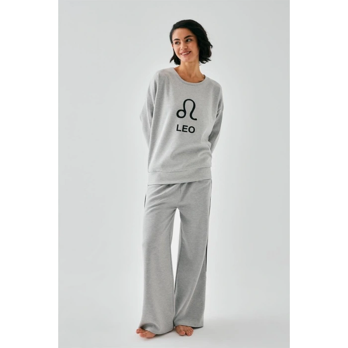 MARSiLYAN- Kadın Gri Aslan Burcu Oversize 2 İplik Eşofman Ev Giyim Takımı