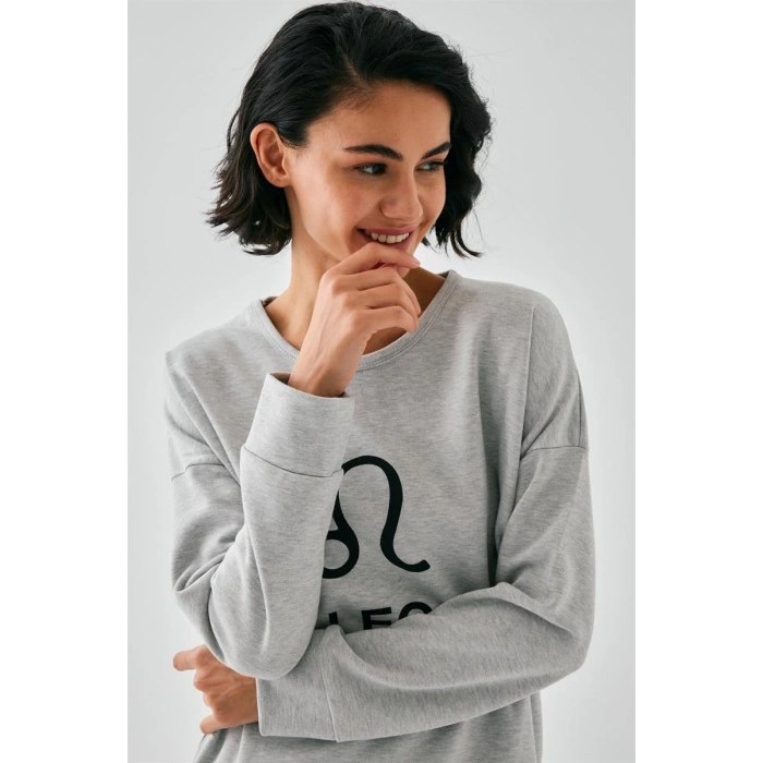 MARSiLYAN- Kadın Gri Aslan Burcu Oversize 2 İplik Eşofman Ev Giyim Takımı