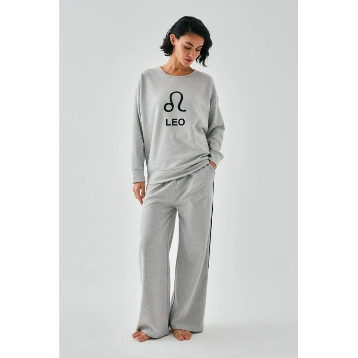 MARSiLYAN- Kadın Gri Aslan Burcu Oversize 2 İplik Eşofman Ev Giyim Takımı