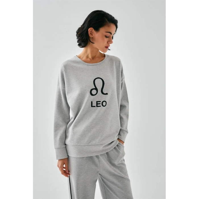 MARSiLYAN- Kadın Gri Aslan Burcu Oversize 2 İplik Eşofman Ev Giyim Takımı