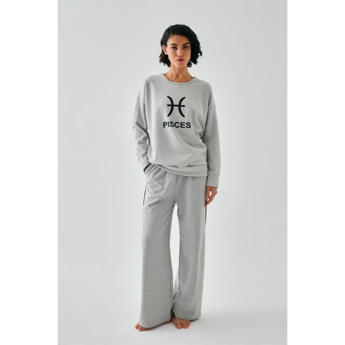 MARSiLYAN- Kadın Gri Balık Burcu Oversize 2 İplik Eşofman Ev Giyim Takımı