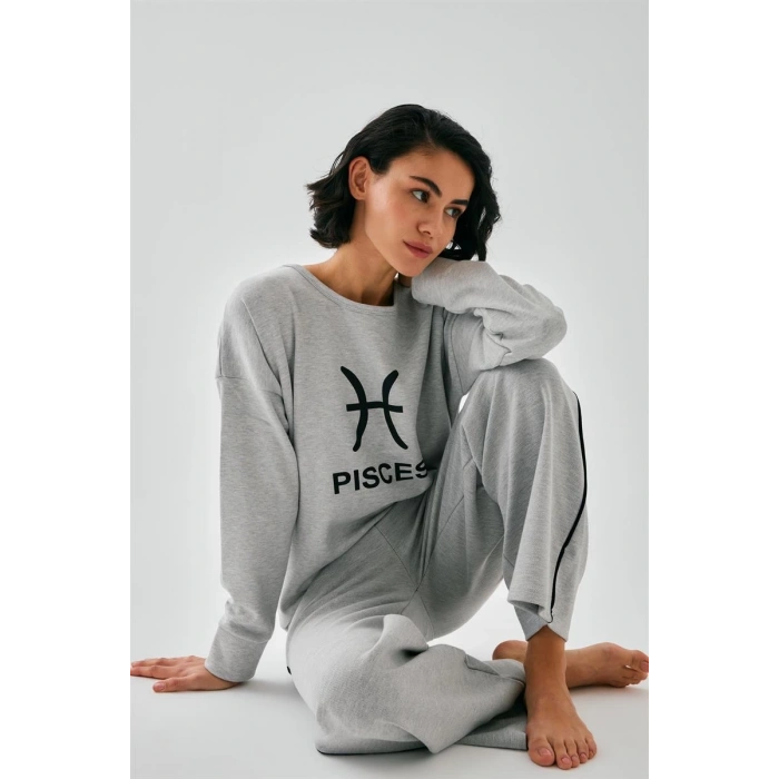 MARSiLYAN- Kadın Gri Balık Burcu Oversize 2 İplik Eşofman Ev Giyim Takımı