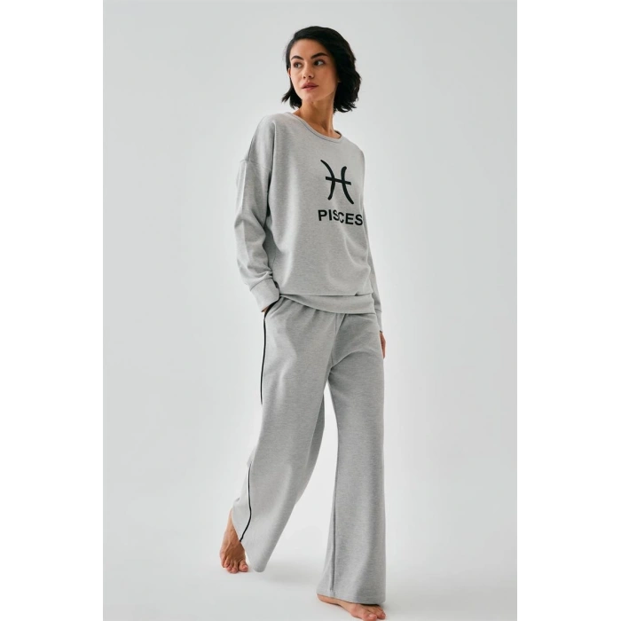 MARSiLYAN- Kadın Gri Balık Burcu Oversize 2 İplik Eşofman Ev Giyim Takımı