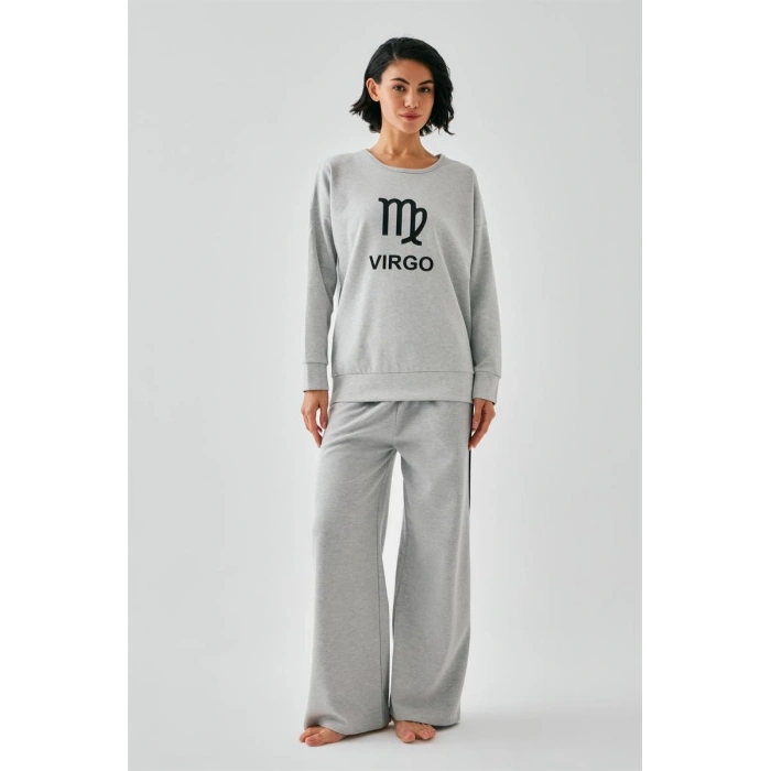 MARSiLYAN- Kadın Gri Başak Burcu Oversize 2 İplik Eşofman Ev Giyim Takımı