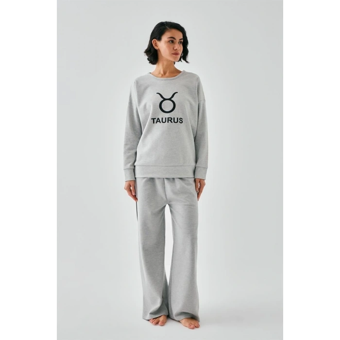 MARSiLYAN- Kadın Gri Boğa Burcu Oversize 2 İplik Eşofman Ev Giyim Takımı