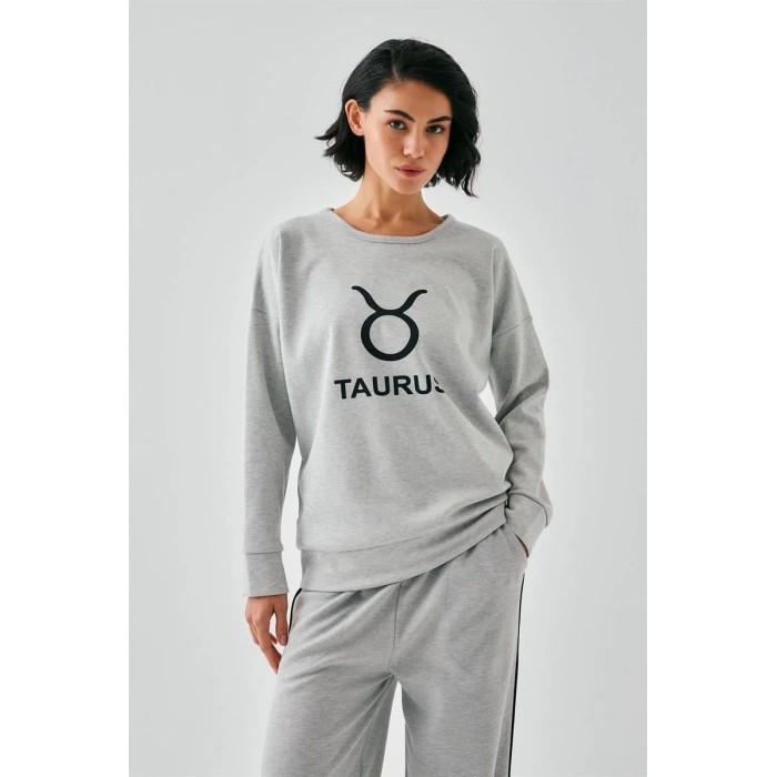 MARSiLYAN- Kadın Gri Boğa Burcu Oversize 2 İplik Eşofman Ev Giyim Takımı