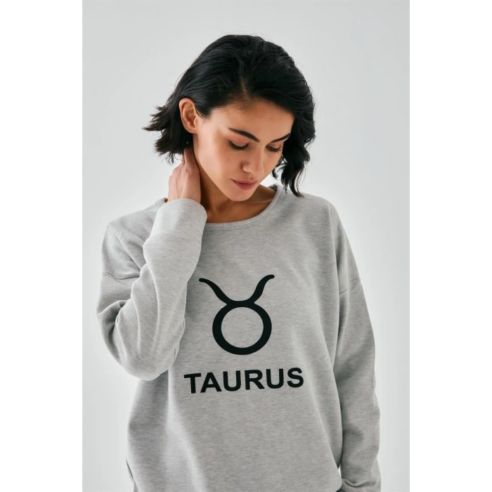 MARSiLYAN- Kadın Gri Boğa Burcu Oversize 2 İplik Eşofman Ev Giyim Takımı