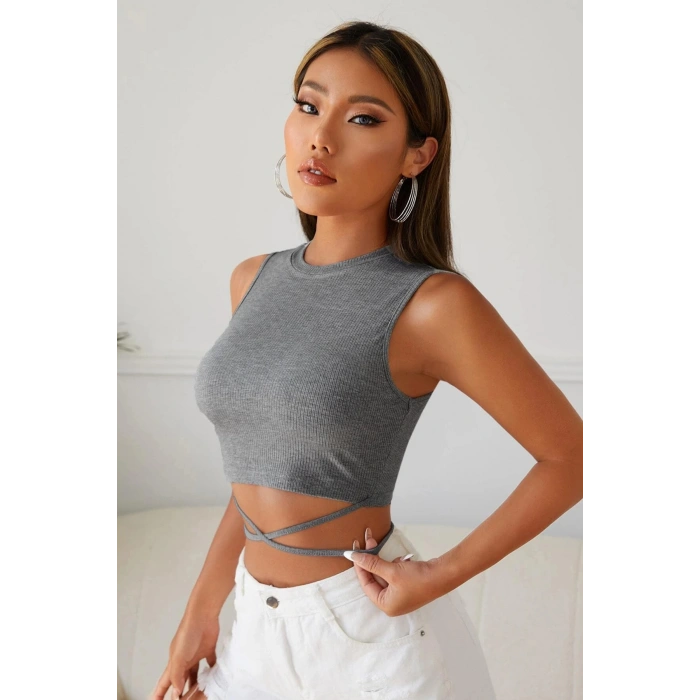 MARSiLYAN- Kadın Gri Çapraz Bağlamalı Crop Top Büstiyer