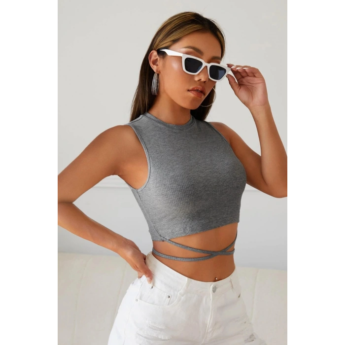 MARSiLYAN- Kadın Gri Çapraz Bağlamalı Crop Top Büstiyer