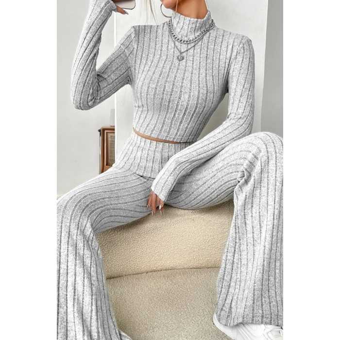 MARSiLYAN- Kadın Gri Çizgili Boğazlı Crop Top ve Yüksek Bel Pantolon Takım